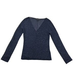 Ralph Lauren Top Sweater Womens L Navy Blue Beaded Metallic V-Neck Knit Crochet